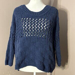 Moth Anthropologie Blue Sweater Multi Crochet Patterns Woven Boxy Cropped Sz XS